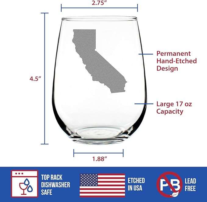 Custom California State Outline - Personalized Stemless Wine Glass - State Themed Drinking Decor and Gifts for Californians - Large 17 Ounce - Customized Wine Glass Gift