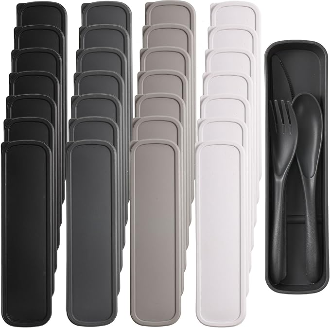 Yahenda 28 Sets Reusable Travel Utensils Set with Case Wheat Straw Cutlery Portable Spoon Knife Forks Plastic Tableware Lunch Box Accessories Bulk for Adults Travel Picnic Camping Utensils(Cold Color)