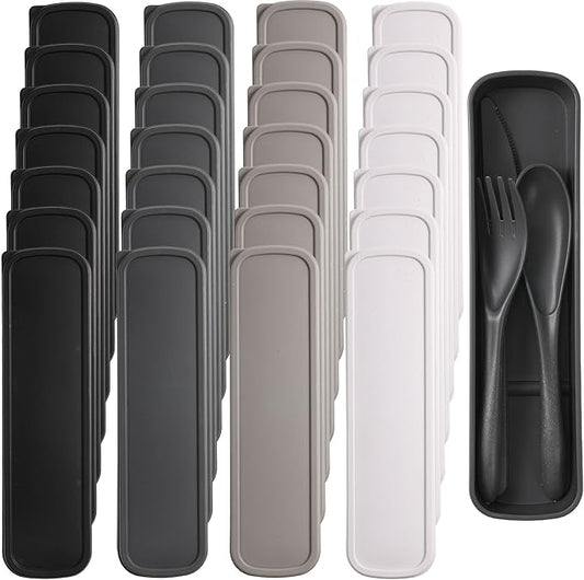 Yahenda 28 Sets Reusable Travel Utensils Set with Case Wheat Straw Cutlery Portable Spoon Knife Forks Plastic Tableware Lunch Box Accessories Bulk for Adults Travel Picnic Camping Utensils(Cold Color)