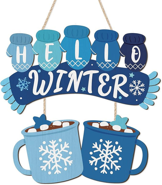 CHDITB Hello Winter Wooden Sign, Hot Cocoa Wooden Hanging Plaque, Christmas Front Door Hanger, Seasonal Snowflake Wall Art Sign Hanger for Xmas Holiday Decoration