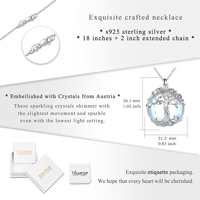 TOUPOP Tree of Life Necklace 925 Sterling Silver Family Tree Pendant Austrian Crystal Jewelry Valentines Day Birthday Gifts for Women Mom Wife Her