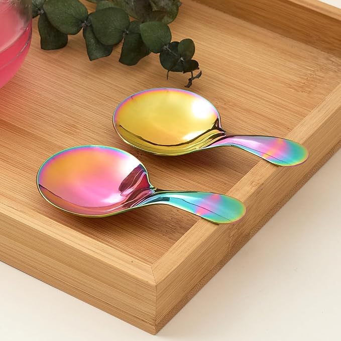 Colored Stainless Steel Short Handle Spoons 3 Pack Iridescent Round Dessert Spoons 304 Steel Mini Spoon Set for Coffee Ice Cream Tea Seasoning Rainbow （3.58 x 1.77Inch）