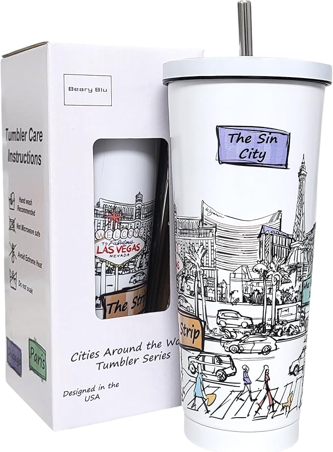 Cities Around the World 25 Oz Tumbler Series - Designed in the USA - Vacuum Insulated Tumbler with Lids & Straw - Stainless Steel Coffee Water Travel Mug, for Hot Cold Drink (Las Vegas)