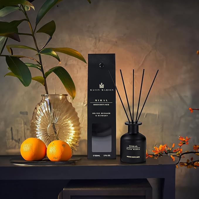 Matin Martin Miral Reed Diffuser 5 oz - Luxury Aromatherapy with Orange Blossom & Mandarin - Home Decor Gift for Bedroom, Office, Living Room, Bathroom - Long Lasting Scent - Premium Fragrance Sticks