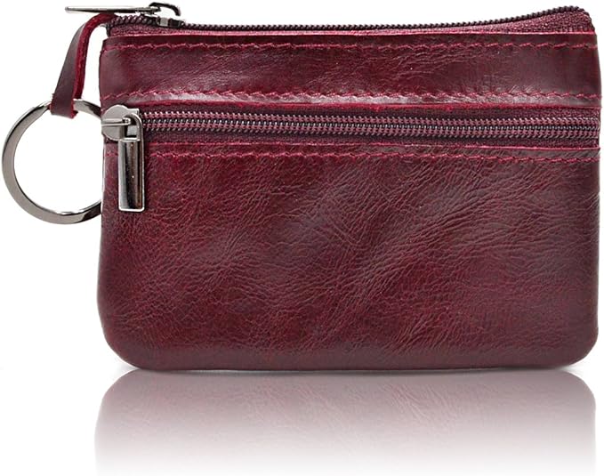 Multi-Functional Genuine Leather Wallet - Wine Red Compact Card Holder with 3 Zippers, Built-in Key Ring & Coin Purse for Travel (purple)
