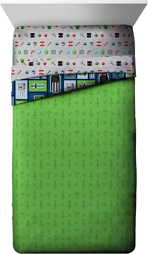 Jay Franco Minecraft Monster Hunters 5 Piece Full Bed Set - Includes Reversible Comforter & Sheet Set - Bedding Features Creeper - Super Soft Fade Resistant Microfiber (Official Minecraft Product)