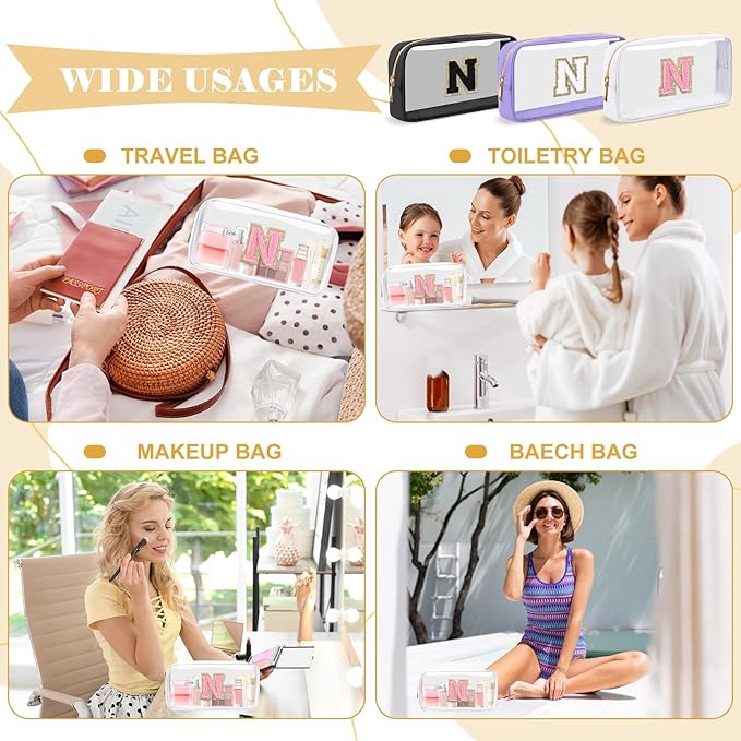 Personalized Initial Letter Clear Makeup Bag,Preppy Small Nylon&PVC Cosmetic Zipper Bag with Chenille Letter,Travel Skincare Toiletry Bag,Monogram Christmas Gift for Teen Girls Women,N