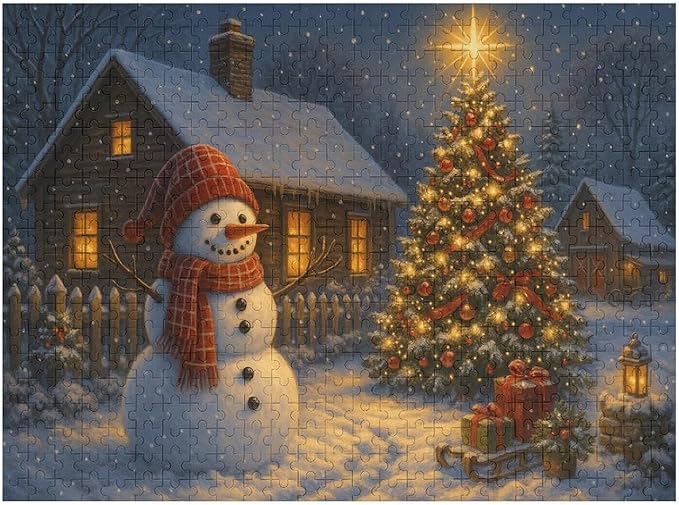 Christmas Tree Snowman 500-Piece Wooden Jigsaw Puzzle, Festive Winter Puzzle, Cozy Christmas Scene, Indoor Entertainment, Family Game Night, Stress-Relief Fun