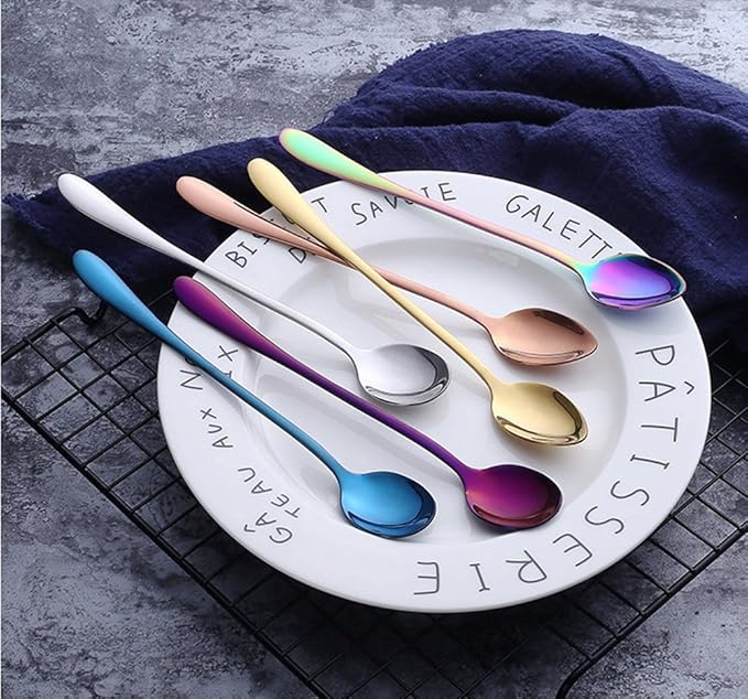 Long-handled ice tea spoon, cocktail stir spoons, stainless steel coffee spoons, ice cream scoop Set of 8 (Silver, Round)