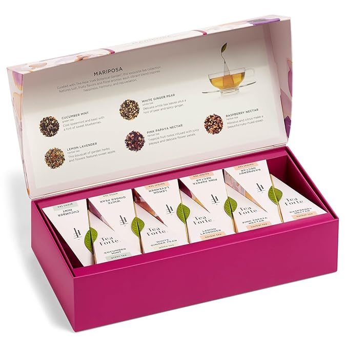 Tea Forte Premium Petite Presentation Box Gift Set Sampler, 10 Count, 2 of Each Blend Individually Wrapped Handcrafted Pyramid Infuser Bags, Mariposa Tea