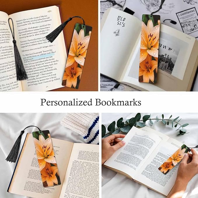 Lily Flowers Bookmarks 5 Pcs Fresh Orange Flower Green Leaves Water Drops Wooden Bookmark with Tassels for Reading Book Lovers Gift Office School Readers Teacher