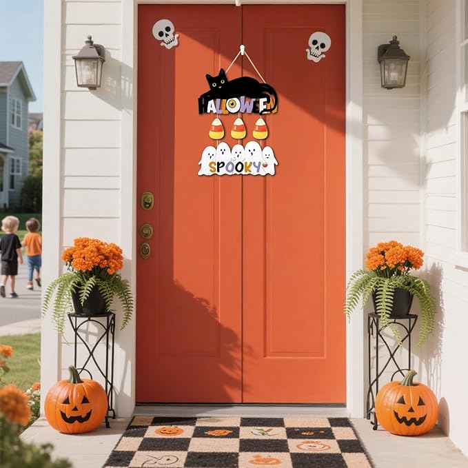 CHDITB Halloween Black Cat Wooden Sign, Spooky Ghosts Wooden Hanging Plaque, Festive Halloween Front Door Sign, Halloween Wall Art Hanger for Thanksgiving Halloween Party Decoration