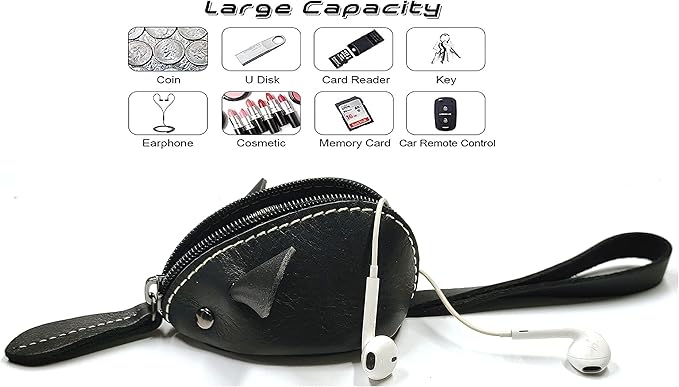 Genuine Leather Mouse Coin Purse Change Pouch Holder Cute Design,Kids Gifts (Black)