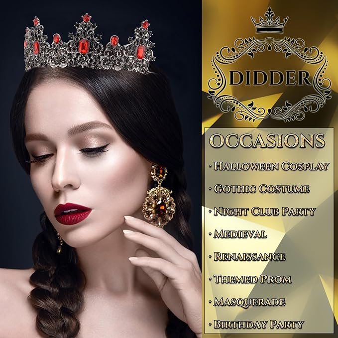 Didder Red and Black Gothic Vampire Queen Crown Birthday Tiara Medieval Renaissance Party Prom Queen Tiaras and Crowns for Women and Girls Halloween Costume Headpiece Hair Accessories