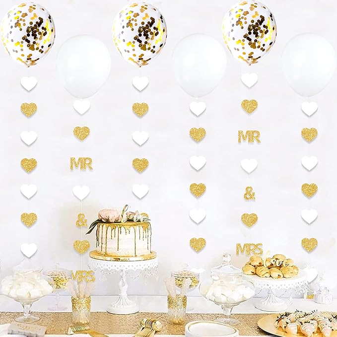 Gold Wedding Party Decorations Gold/White Heart Mr and Mrs Garland with Balloons for Bridal Shower Engagement Bachelorette Party