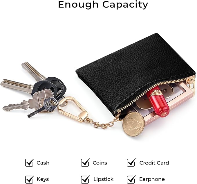 Black Keychain Coin Purse for Women, Small PU Leather Change Pouch, Zipper Little Tiny Travel Wallet for Girls, Cute Kawaii Zip Pocket Coin Holder with Key Ring
