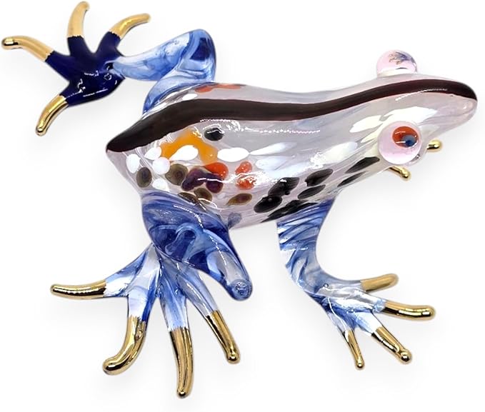 WitnyStore 4⅜" White Blue Black Striped Frog Artistic Blown Glass Figurine Premium Hand-Blown Statue Tabletop Decoration Unique Collectible for Adult Collectors Handcrafted Elegant Home Room Decor
