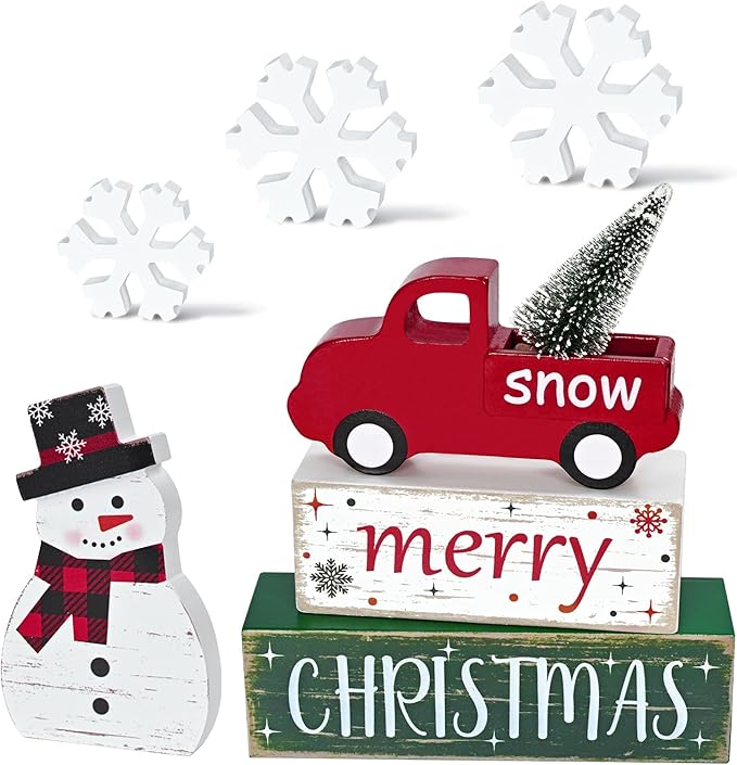 Yinhua Christmas Decorations Indoor, Christmas Table Decor, Red Truck Snowman Decorations with Xmas Tree & Snowflakes, Farmhouse Wooden Block Sign, Xmas Mantel Decor for Tiered Tray, Desk, Bookshelf