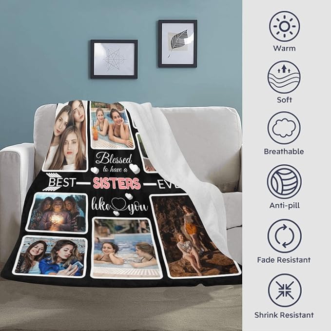 Custom Blanket Gifts with Photos, Personalized Bed Throws for Sisters, Custom Souvenir Throw Blanket for Best Sisters, 8 Collages Made in USA