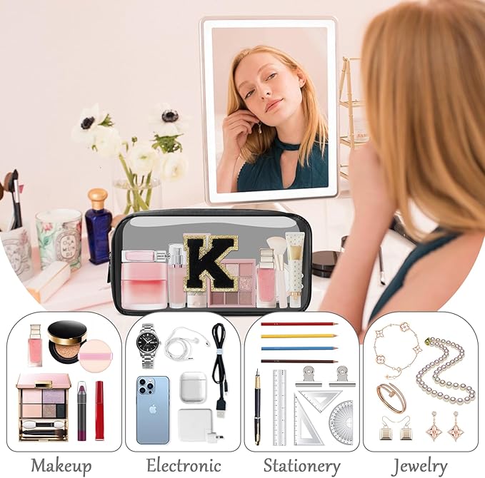 Personalized Initial Letter Clear Makeup Bag,Preppy Small Nylon&PVC Cosmetic Zipper Bag with Chenille Letter,Travel Skincare Toiletry Bag,Monogram Christmas Gift for Teen Girls Women,K