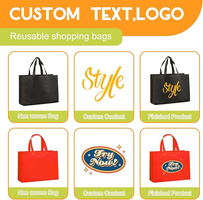 KQVXZZB Custom Reusable Grocery Bags with Logo & Text Printing 10/50/100PACK- Eco-Friendly Promotional Tote Bags for Businesses, Bulk Orders, Events, Retail (Durable/Washable/Multi-Use)