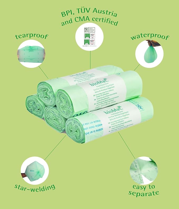 bioMat 3 Gallon Compostable Food Scrap Bags, 125 Count, Compost Bags for Kitchen Compost Bins, BPI ASTM D6400 and CMA Certified Biodegradable Trash Bags