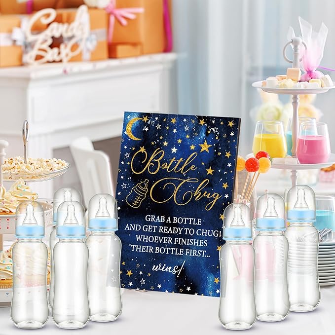 TrelaCo Star Cool Baby Shower Games Bottle Chug Sign Wooden Twinkle Moon and Star Gift Sets Gender Reveal Party Favors and 12 Pcs Baby Bottle Shower Supplies for Gender Reveal Game