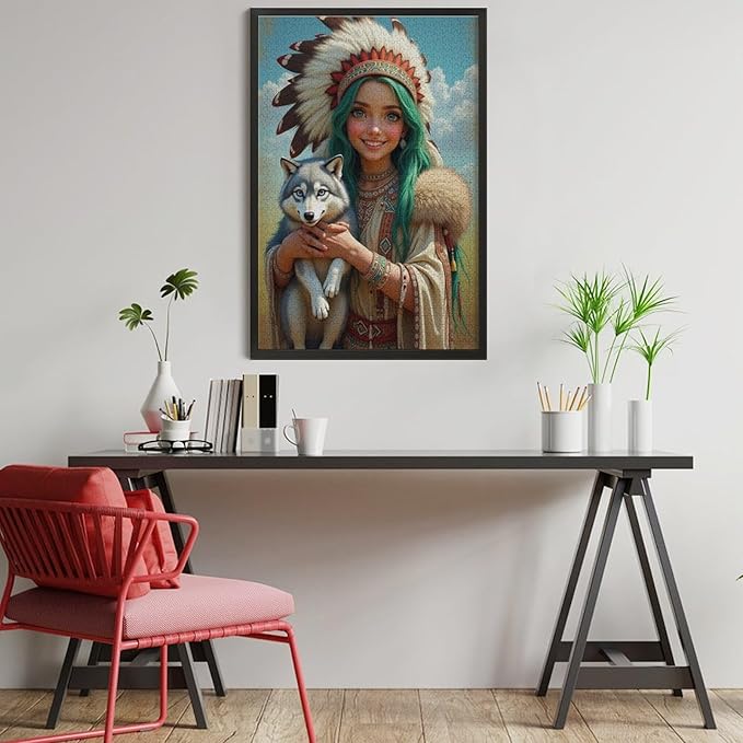 Puzzles for Adults 1000 Pieces Wooden Jigsaw Puzzle - Indian Beauty & Wolf，Native American Theme Puzzle，Party Games，Family Toys，Educational Puzzles，Stress Relief Wooden Puzzle，Home Decoration