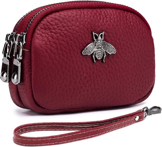imeetu Women Leather Coin Purse, Small 2 Zippered Change Pouch Wallet