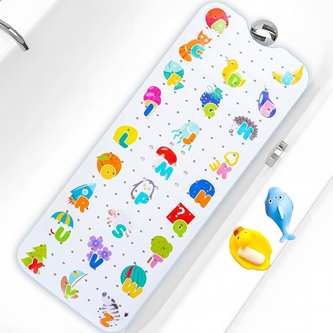 Baby Bath Mat for Tub Non Slip Kids Bathtub Mat Extra Long 40X16 Inch Toddler Bath Tub Shower Mat Anti Slip with Suction Cups & Drain Holes, Machine Washable (Alphabet)