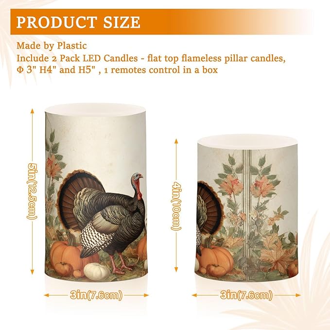 ALAZA Thanksgiving Turkey Pumpkin Fall Autumn1 Flickering Flameless Candles Battery Operated with Remote Timer,Tea Light Candles LED Pillar Votive Candles Set of 2 for Outdoor Indoor Decorations