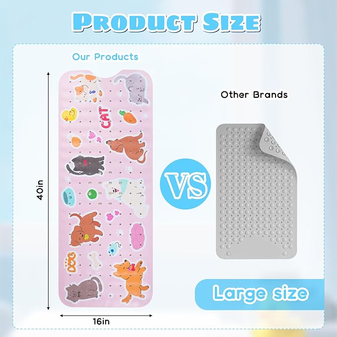 Baby Bath Mat for Tub Non Slip Kids Bathtub Mat Extra Long 40X16 Inch Toddler Bath Tub Shower Mat Anti Slip with Suction Cups & Drain Holes, Machine Washable (Cat Dog)
