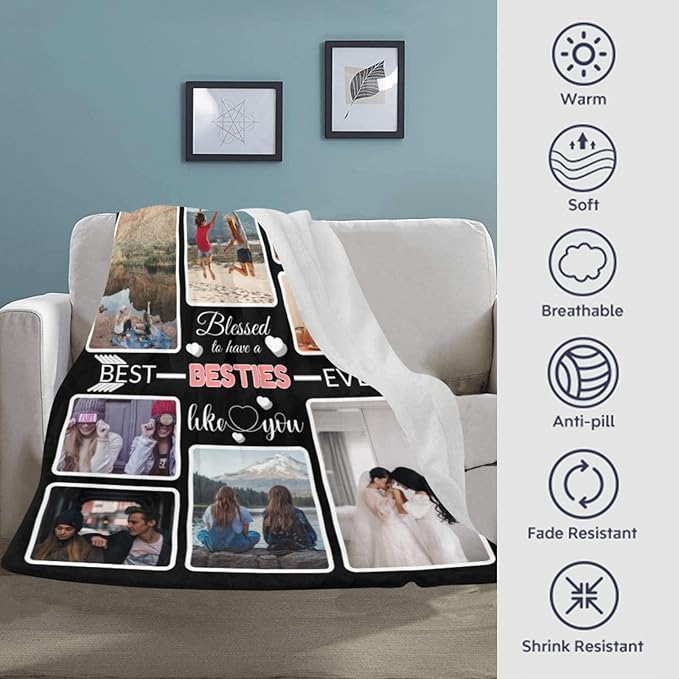 Custom Blanket Gifts for Besties, Customized Blankets with Photos, Make a Personalized Bed Throws to My Besties, Custom Souvenir Throw Blanket for Best Besties Ever, 8 Collages Made in USA