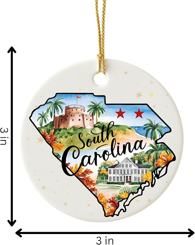 USA State Landmark Ceramic Ornament – Round Glossy Christmas Decoration Featuring U.S. State Art, Landmarks & Holiday Scenery – Collectible Travel Souvenir Ornament Series (South Carolina)