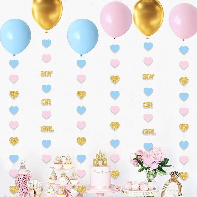 Boy or Girl Gender Reveal Decorations 6PC Pink Blue Gold Hear Garland Balloon Tails for Baby Shower Decor