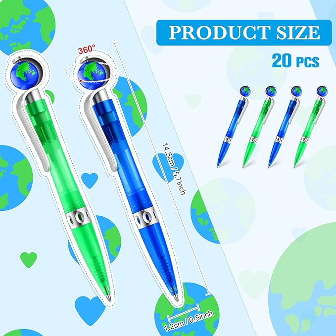 Teling 20 Pcs Earth Retractable Cute Globe Pens Bulk 1.0 mm Tellurion Shape Earth Day Black Ink World Ballpoint Pens for Adults Accessories Office Decoration Supplies