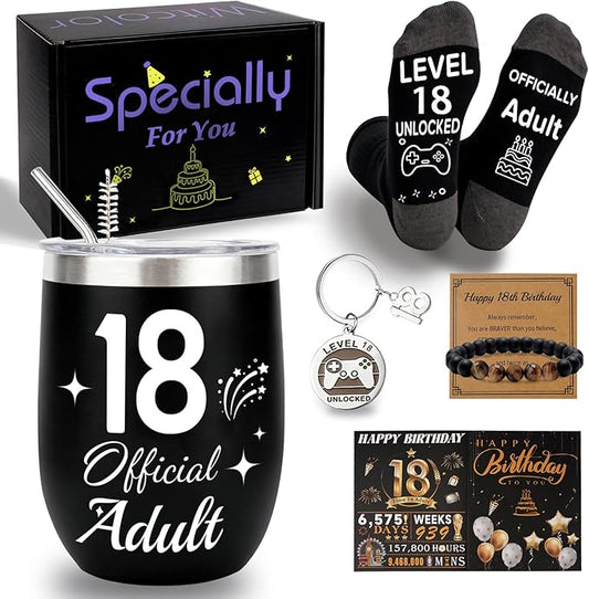 18th Birthday Gifts For Boys,18 Year Old Boy Birthday Gift Ideas with 12 Oz Tumbler, Funny Socks,Birthday Card, Bracelet, Keychain, Cool Gifts for Boys Son Grandson Nephew Friend Birthday