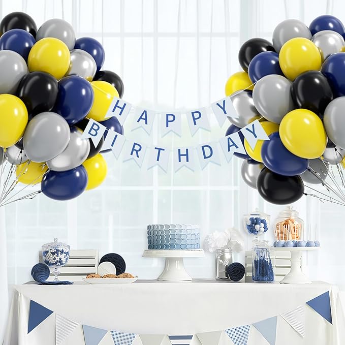 60pcs Black and Yellow Balloons 12inch with Navy Blue Yellow Gray Metallic Silver Balloons for Baby Shower Birthday Party Decorations for Men
