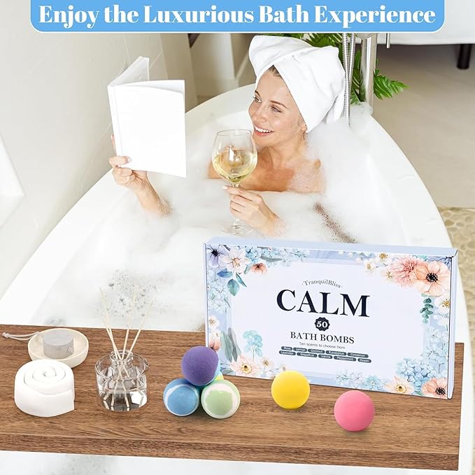 TranquilBliss Bath Bombs Set 50 PCS with 10 Rich Scents, Bath Bombs for Women, Natural Bubble Bombs with Shea Butter & Safe Oil, Ideal for Valentine's Day, Christmas, Birthday, Mother's Day Present