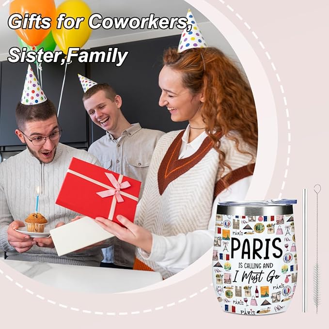 France Gifts Travel Souvenir Wine Tumbler 12 oz Insulated Wine Glass Cup with Lid Straw Vacuum Cup,Paris Lover for Women Men Friend Bestie Birthday Christmas Trip Gifts Favors
