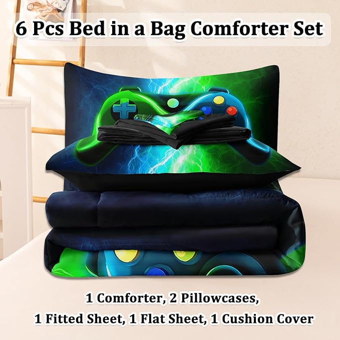 Gaming Comforter Sets for Boys, Blue Green Lightnings 6 Pcs Bed in A Bag Full Size Gamer Bedding Set with Sheets for Teens