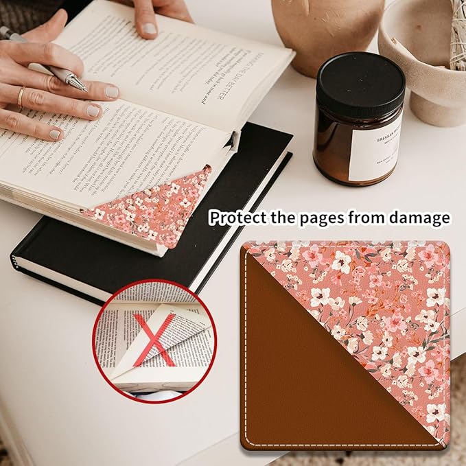 Cute Leather Bookmarks, Fun Triangle Making Corner Bookmark, Book Accessories for Reading Book Lovers, Unbreakable Page Markers for Women Men Cute Pink Floral