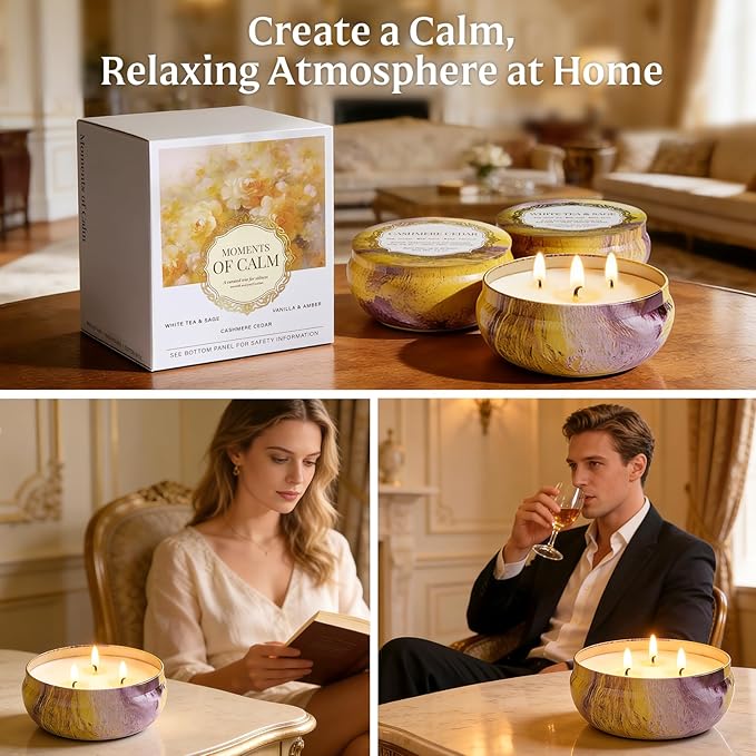 Candles, 3-Pack Large 3-Wick Tin Candle Set, 14oz Each — White Tea & Sage, Vanilla Amber, Cashmere Cedar — Luxury Strong-Throw Aromatherapy Candles in Gift Gold 6.3 x 7.09 in