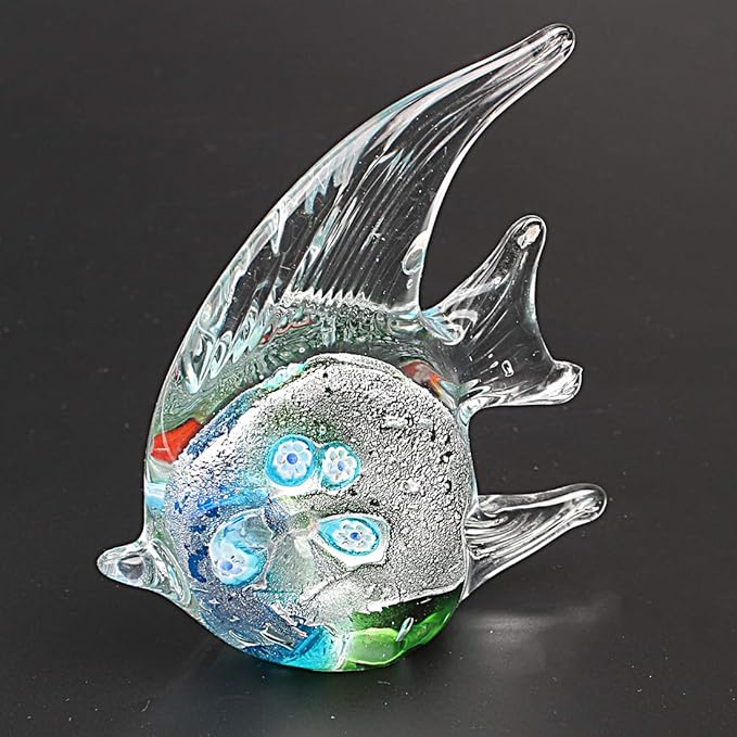 Hophen Angel Fish Art Glass Blown Handmade Sea Animal Figurine Sculpture Home Decor Collectible Statue Paper Weight Gift Ornament (Small Green)