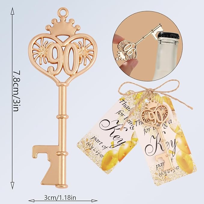 90 Birthday Party Favors Key Bottle Opener, 90th Beer Opener Keychain Favors for Guest with Organza Bags and Tags,Beer Keychain Bottle Openers for Birthday Party Decoration Supplies(gold-90)