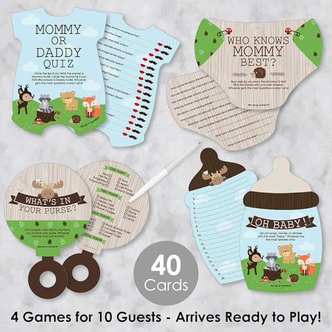 Big Dot of Happiness Woodland Creatures - 4 Baby Shower Games - 10 Cards Each - Who Knows Mommy Best, Mommy or Daddy Quiz, What’s in Your Purse and Oh Baby - Gamerific Bundle