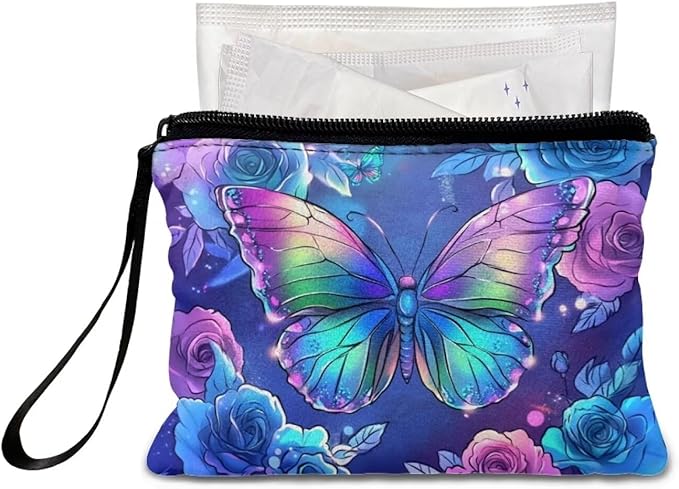Dolyues Fashion Change Purses Pouch Bag Small Clutch Bags for Women, Coins/Cards Storage/Purple Butterfly and Rose Print Wallet Coin Purse with Wristlet