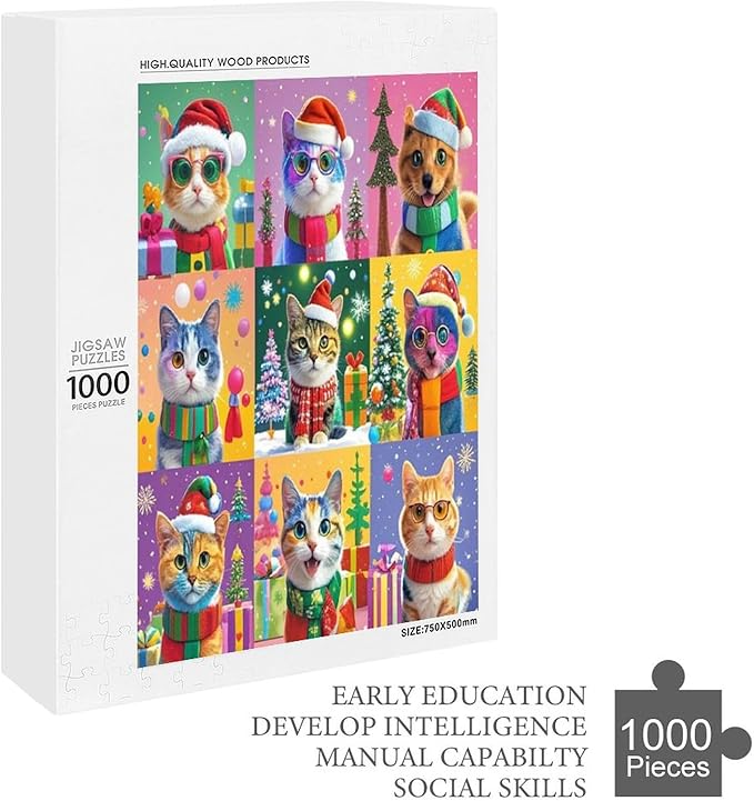 Wooden Puzzle 1000 Pieces Adult - Christmas Cat Puzzle Christmas Puzzles, Holiday Puzzles, Family Toys, Party Games, Jigsaw Puzzle Challenge and Funny