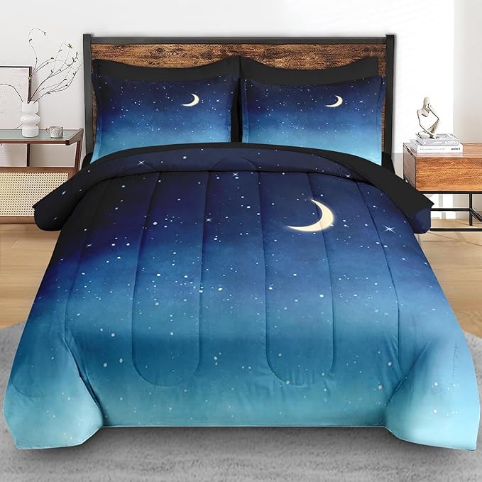 Comforter Set Twin Size, Blue Starry Sky 5 Pcs Bedding for Kids and Adults, Landscape Night Moon Bed Sheet Sets with Fitted Sheet Pillowcase & Sham for Bedroom Bed Decor