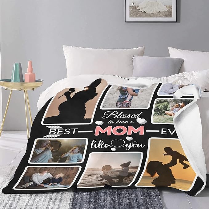 Custom Blanket Gifts for MOM, Customized Blankets with Photos, Make a Personalized Bed Throws to My Mom for Mothers Day, Custom Souvenir Throw Blanket for Best Mom Ever, 8 Collages Made In USA